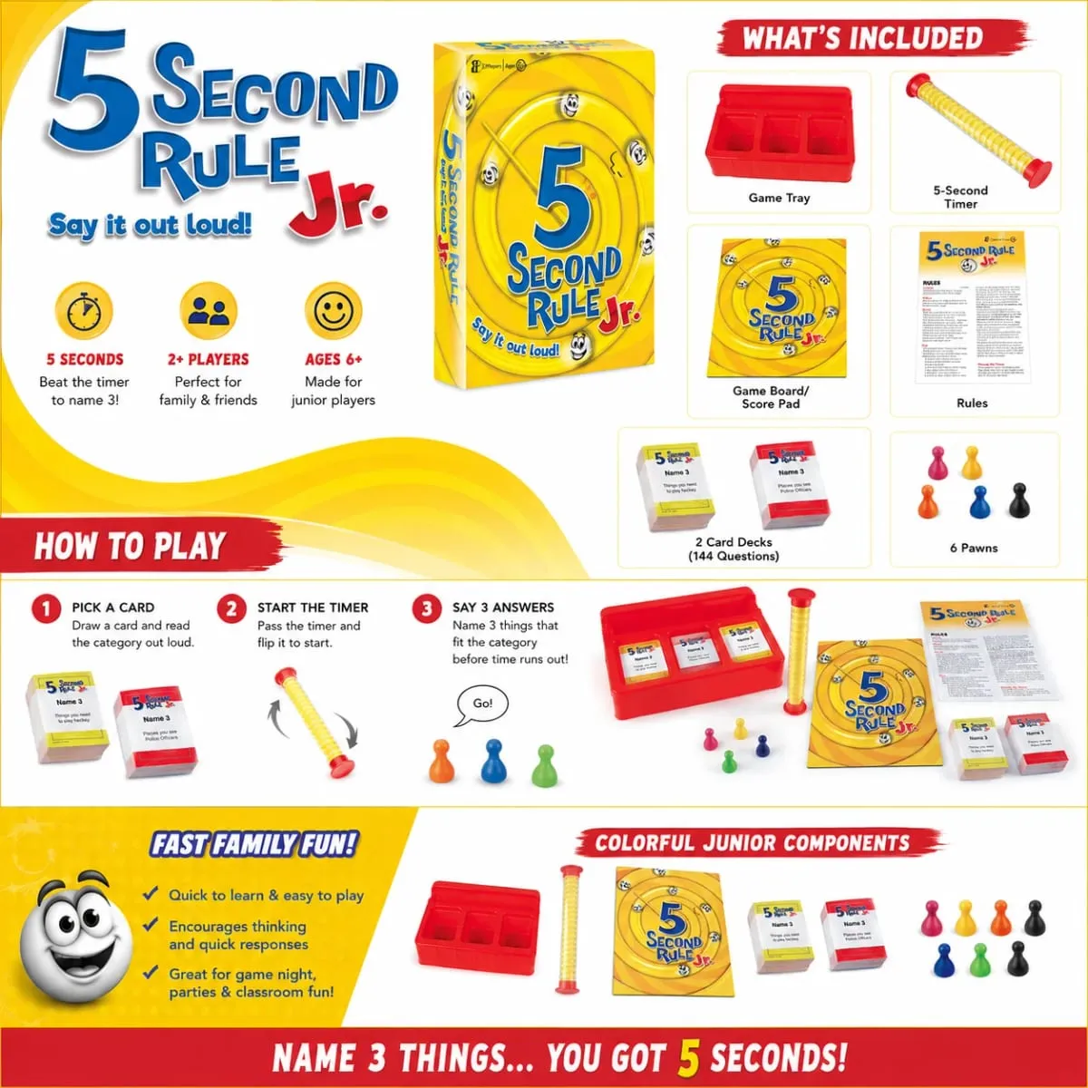5 Second Rule Jr Kids Fast Thinking Trivia Card Board Game with Timer Family Party Educational Brain Teaser English Version