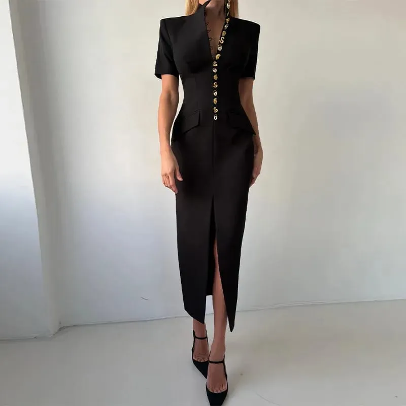 Elegant Women's Dress V-neck Short Sleeve Single Breasted Solid Female Long Dresses 2026 Summer Fashion Sexy New Chic Lady Robe