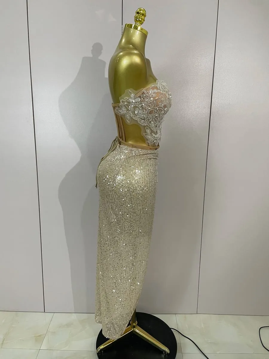 Sparkly Sequin Beading Sexy Strapless Two Pieces Set Women Evening Celebrate Nightclub Party Luxury Birthday Dress Stage Costume — image 4