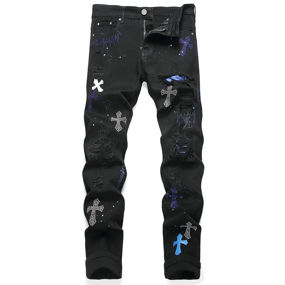 2026 New Men's Fashion Crystal Cross Stretch Denim Jeans Holes Ripped Distressed Black Pants Embroidery Slim Tapered Trousers