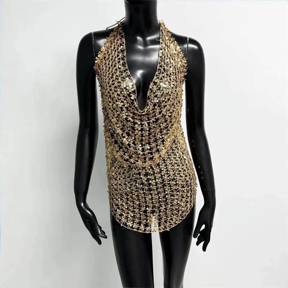 Débardeur ajouré à paillettes acryliques brillantes pour femmes, Sexy, décolleté en V profond, dos nu, col licou, transparent, Camisole, hauts de fête de plage