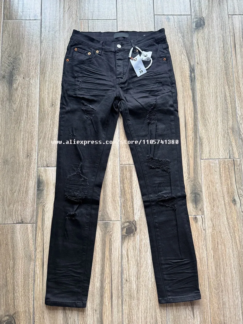 Men's High Street American Fashion Style Jeans Distressed Black Damaged Holes Stretch Skinny Button Fly Ripped Jeans