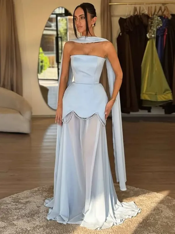 Women's Evening Dresses Mesh Patchwork Strapless Long Dress Elegant Female Ribbon Sleeveless Backless Waist Cinching Vestido New