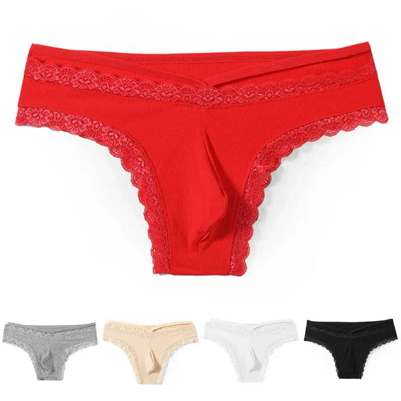 Men Lace Rrim Sissy Gay Seamless Briefs Underwear Mid Waist Bulge Pouch Lingerie Solid Men's Lace Edge Lingerie — image 7