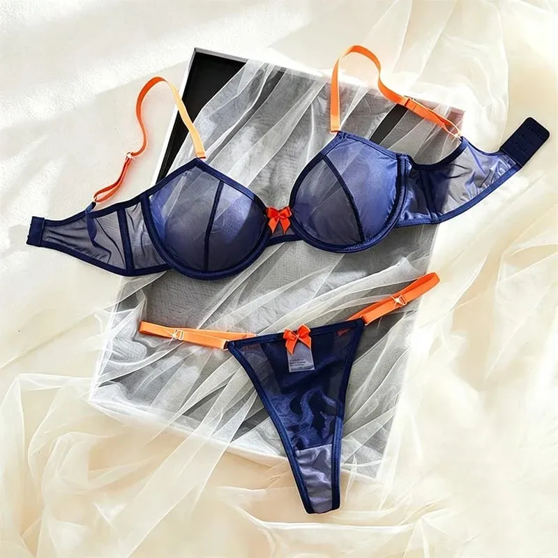 Quần Lót Nữ Màu Xanh Hải Quân Sheer Lưới Quần Lót Thép Nhẫn Áo Ngực Nơ Cam Đùi 2 Miếng Gợi Cảm Màu Sắc Tương Phản Dùng Thân Thiết