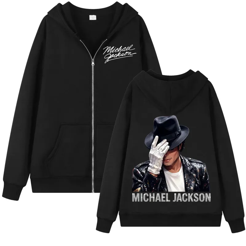 90's Rock Singer Michael Jackson Zipper Hoodie Vintage Fashion Zip Up Hooded Sweatshirts Men Women Casual Loose Fleece Pullovers — image 1