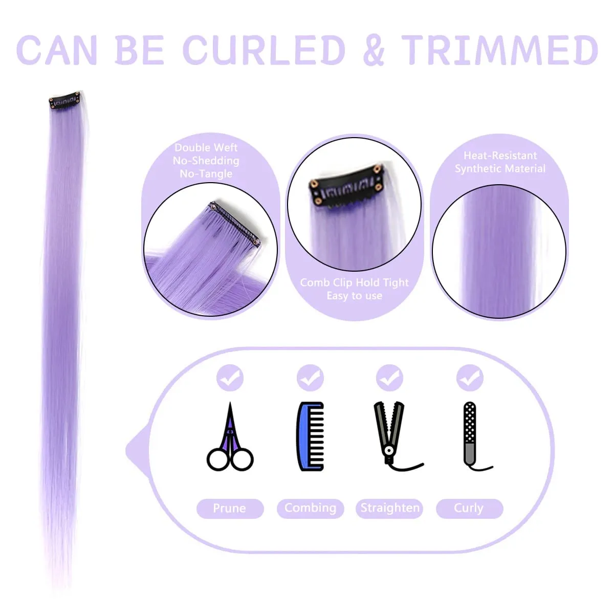 Farbige Haarverlängerungen, lila Farbe, Clip-in-Haarverlängerung, 12 Stück, Highlight, buntes Haarteil, gerade synthetische Haarteile
