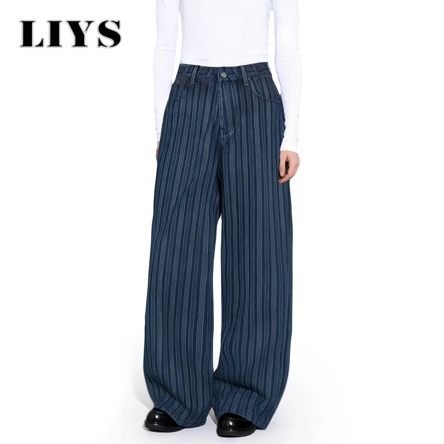 Japanese Korean Style Wavy Stripe Jacquard Fabric Baggy Wide-leg Jeans American Retro Style Business Casual Denim Pants