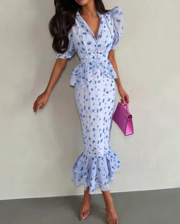 Women Elegant Printed V-neck Dress Chic Lapel Waist Cinched Pleated High Waisted Dresses 2026 Summer New Lady Vacation Gowns — image 6