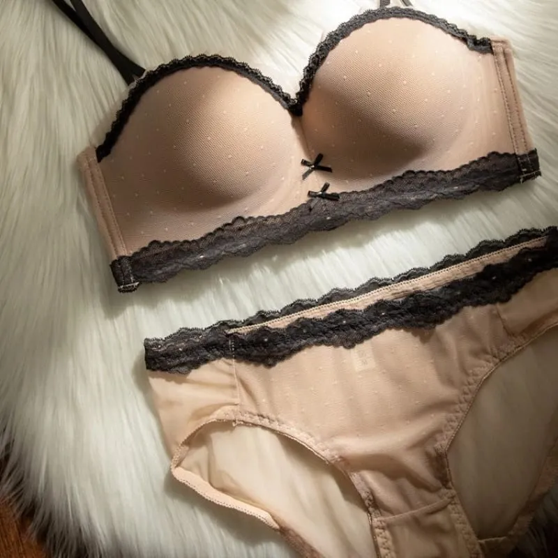 Sexy Mesh Wire Free Underwear Set Women Lace Dot 1/2 Palm Cup Push Up Bra Summer Detachable Strap Lingerie and Panties Sets