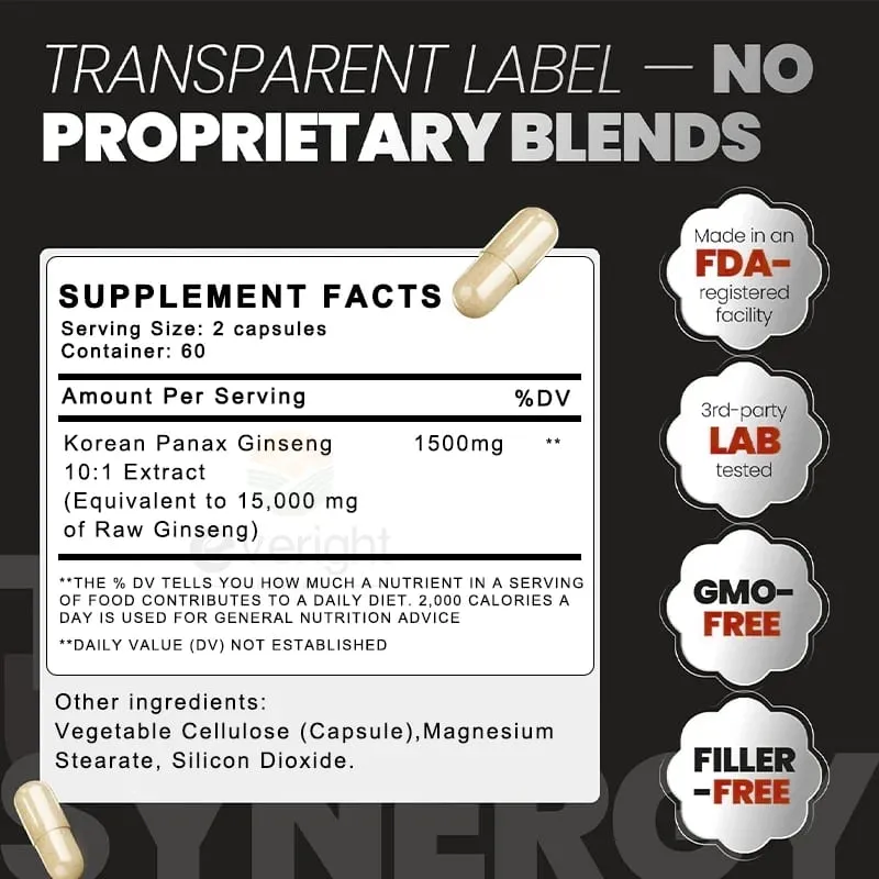 Red Korean Ginseng Supplement for Men - Extra Strength 10:1 Extract - Energy Focus Productivity Performance - Natural & Vegan — image 6