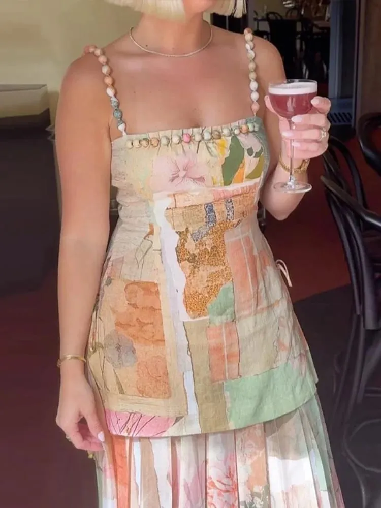 Vintage Women's Printed Beaded Sling Long Dresses Set Lace Up Slit Sleeveless Pleated A-line Dress 2026 Lady Beach Vestidoes — image 3