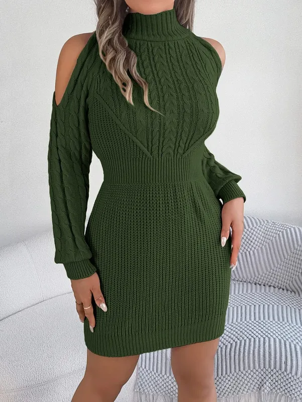 VigoCasey 2026 Women Casual Short Knit Dress Autumn Winter Hollow Long Sleeve Bodycon Dress Lady Pink High Neck Knitted Dresses — image 8