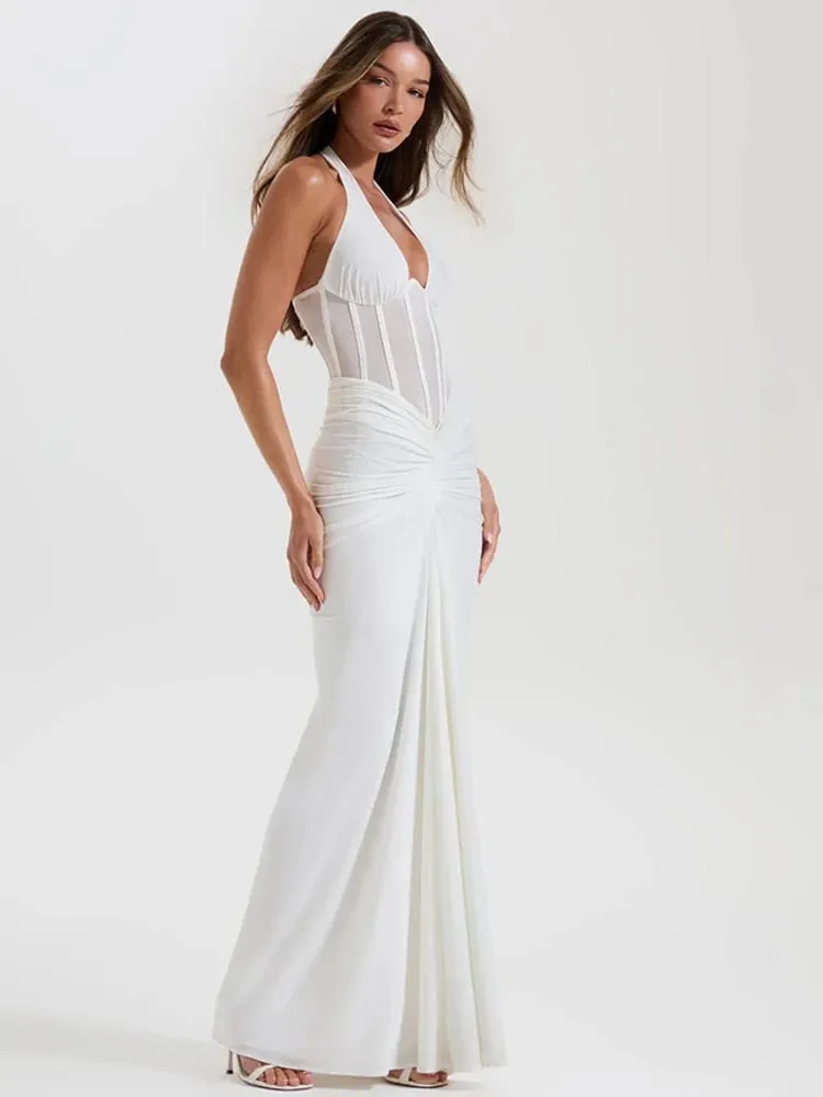 MO Patchwork Sexy Deep V-neck Halter Women Maxi Dress Backless See Through Dress Summer Slim Elegant Party Evening Dress — image 2