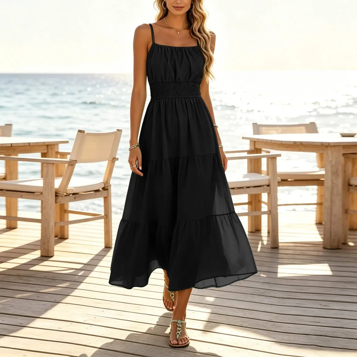 Women's Summer Chiffon Dress Elegant A-Line Double Layer Sexy Sling Dresses Summer Holiday Party Ball Gown Muer Solid Sundress — image 1