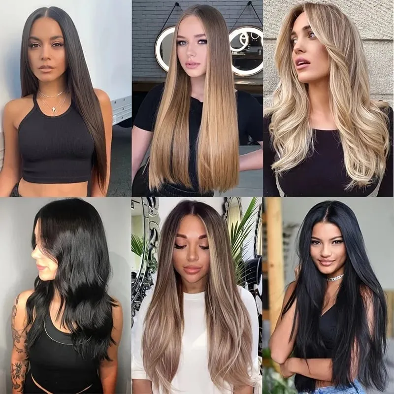 Extensões de cabelo sintético sem clipes falso ombre loira marrom preto natural cabelo reto falso peruca para mulher