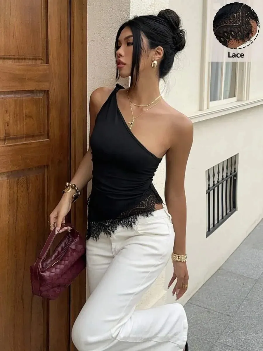 Women Black Lace Patchwork Twist Knot One Shoulder Top Summer Casual Y2K Street Style Backless Ruched Slim fit Crop Top — image 3