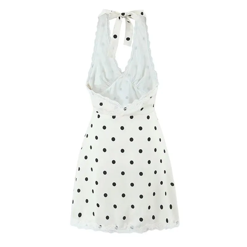 Abito con scollo all'americana a pois con spalline in pizzo Donna Elegante abito a trapezio Mini abiti sexy senza schienale Abito estivo 2025 — image 3