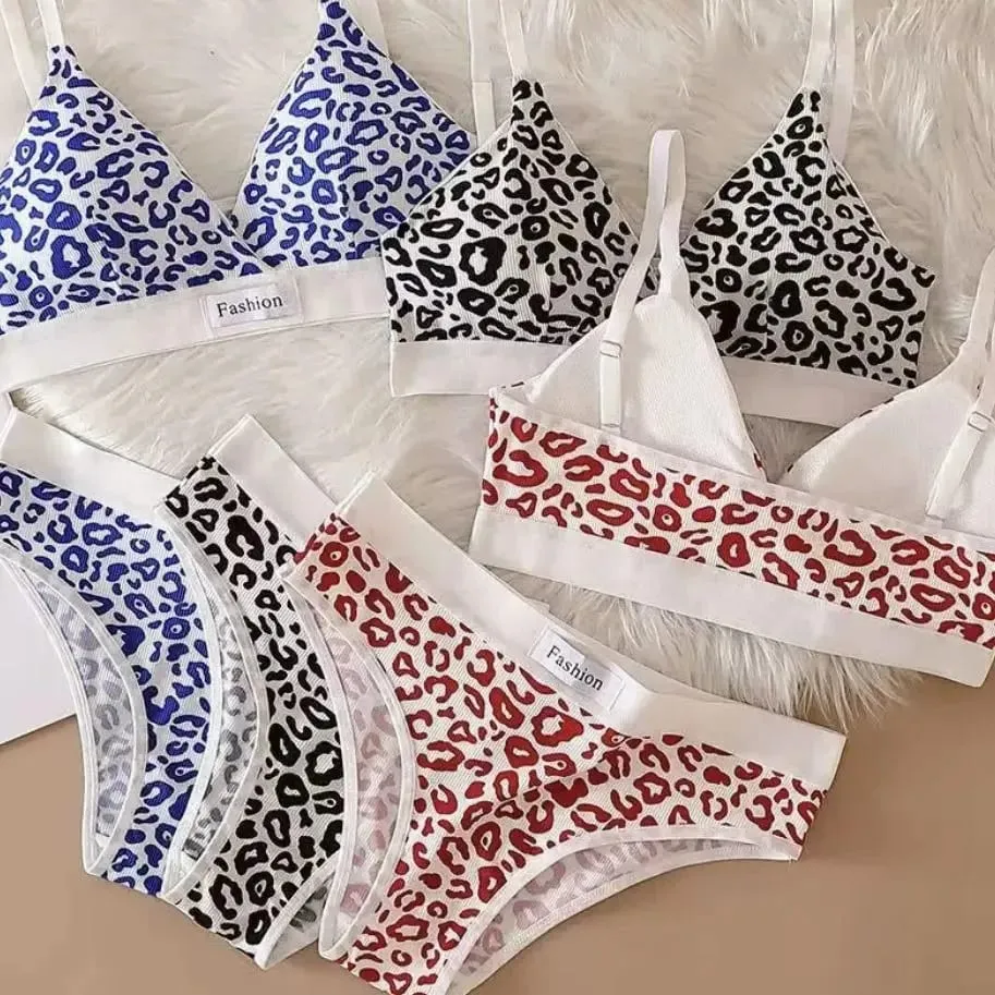 Low Waist Leopard Print Bra and Panty Lingerie Set Comfortable Daily Wear Soft Underwear Two Piece Intimate Apparel