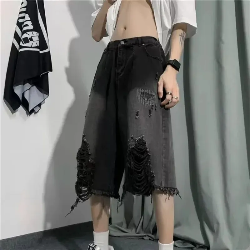 Men's Jeans Ripped Denim Man Pants Cropped Pants Casual Summer Vintage Streetwear Wide Leg Stylish — image 2