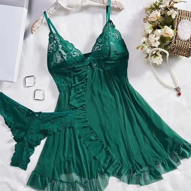 Tulle Suspenders Exquisite Women's Lencerias Lace V-Neck Underwear Semi-transparent Thong Dress Set Females Lingerie Nightgowns — image 9