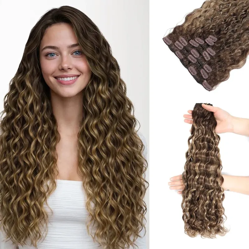 12A Curly Clip in Hair Extensions Brown Water Wave Real Remy Human Hair Clip in Extensions for Women Curly Clip Ins 7pcs 120g — image 9