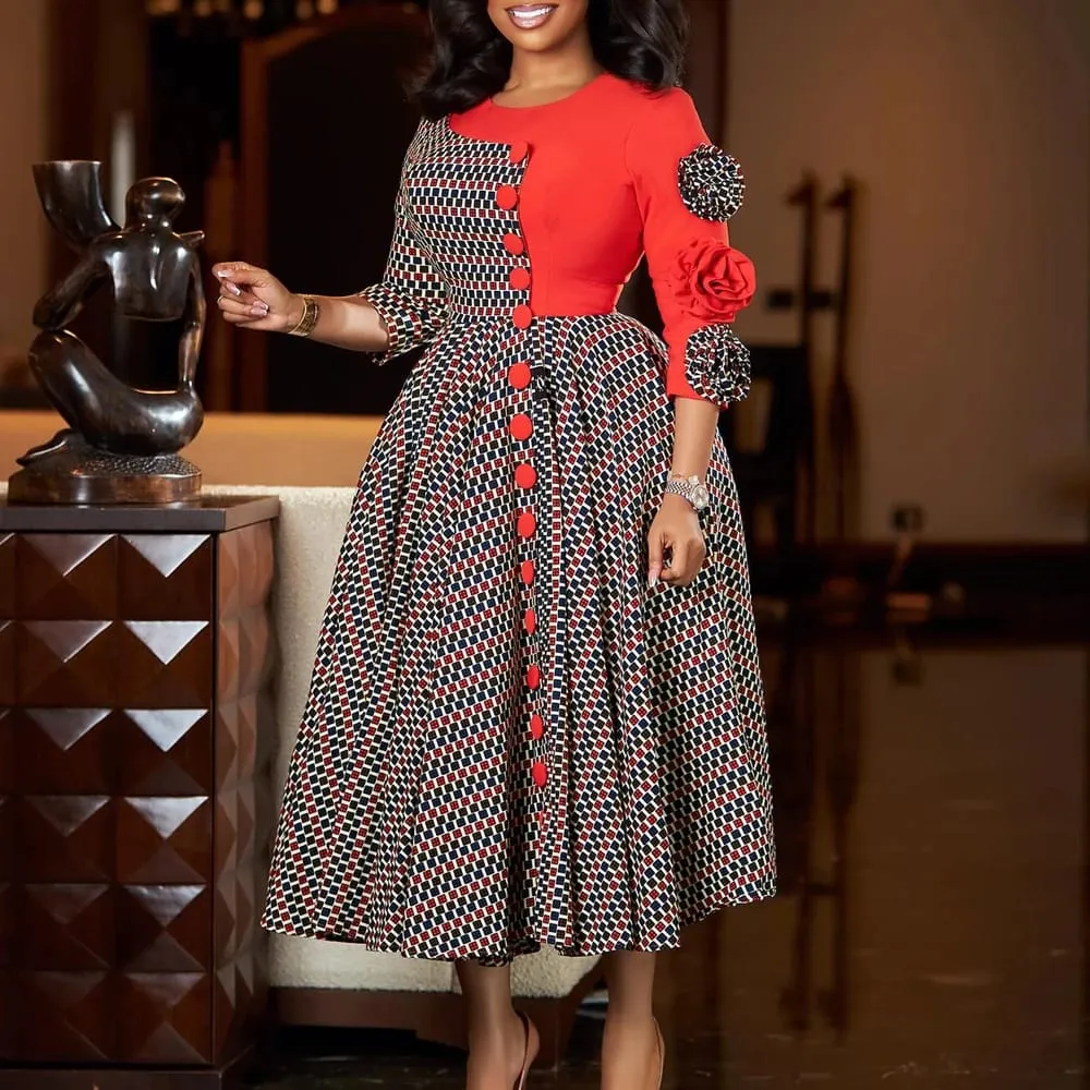 Elegant Dresses for Women 2025 Fall Fashion African 3/4 Sleeve Party Birthday New Robe Chic 3D Flower Plaid Evening A-Line Dress — image 2