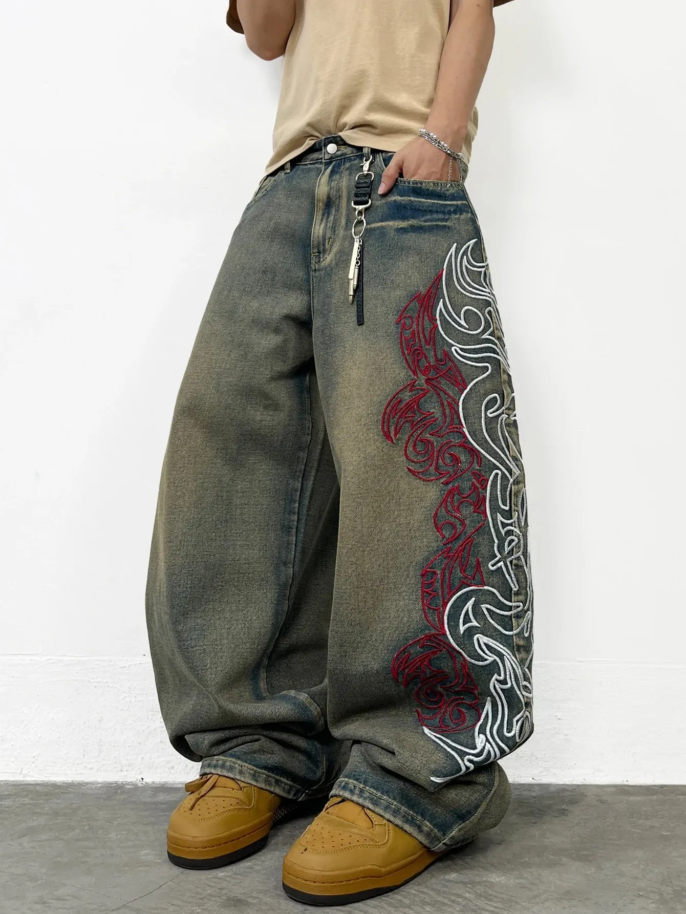 American Retro Two-Tone Totem Embroidery Design Vintage Washed Baggy Wide-Leg Jeans Y2K Hip-Hop Streetwear Stylish Long Pants — image 3