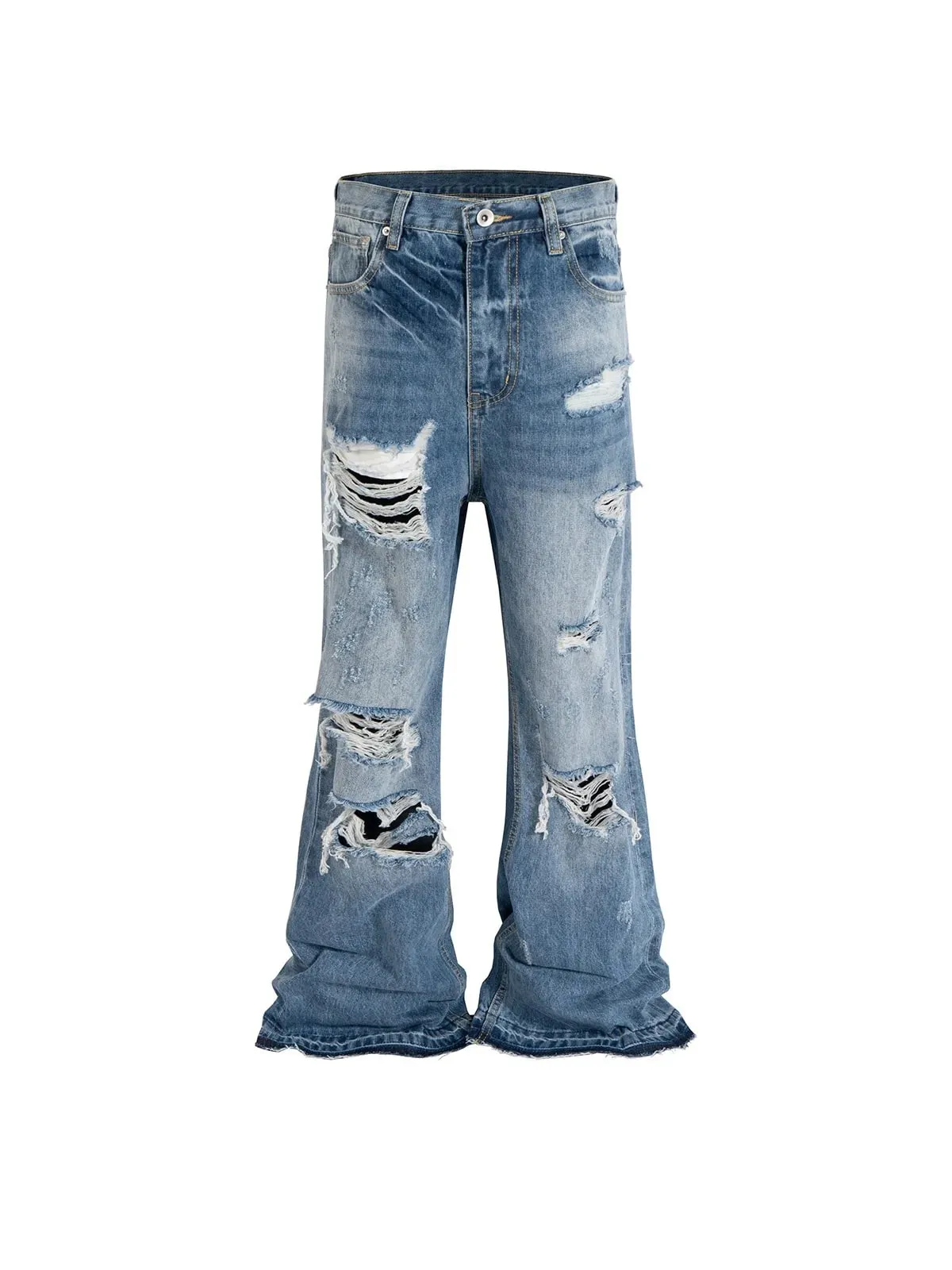 Unisex Wide Leg Flared Jeans Torn Hole Cut with Cat Whisker Fringe Blue for Men And Women ZJ014 — image 7