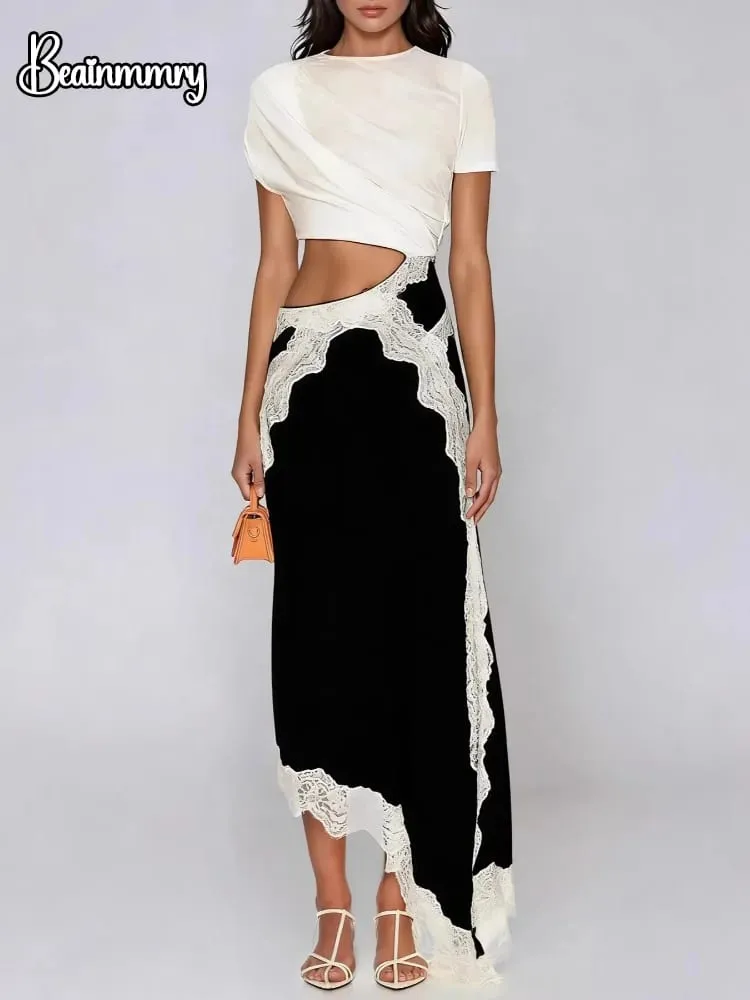 Lace Patchwork Cut Out Short-sleeve Twisted Tee Dress Color Block Gathered Lace Panel Maxi Dresses Women's Chic Daily Outfit — image 1