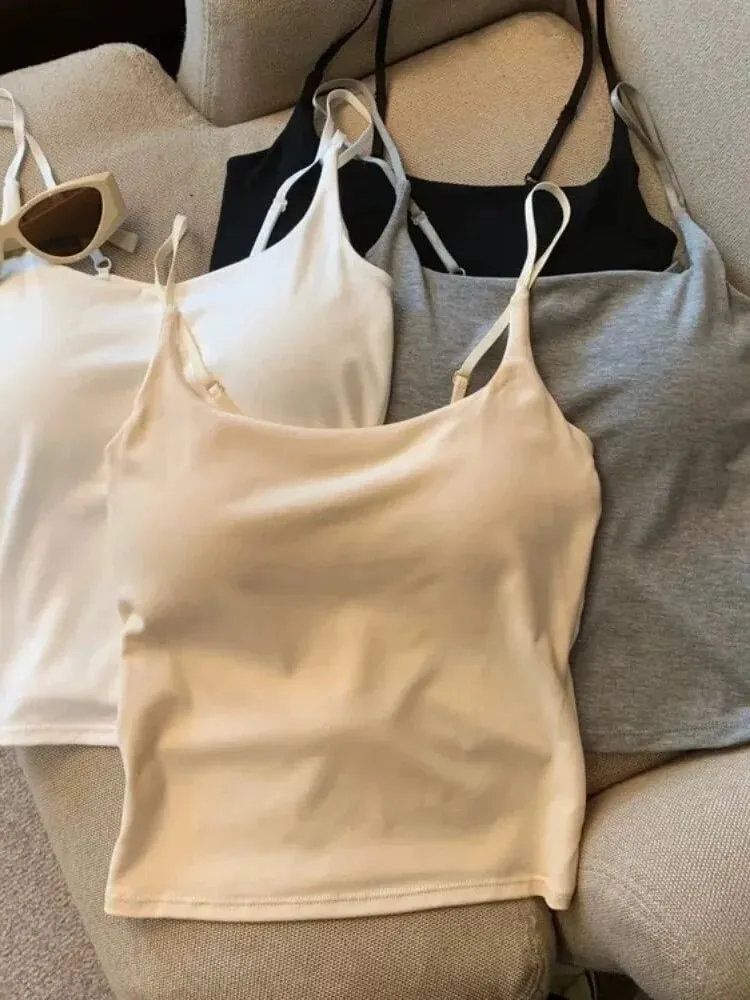 Slimming Summer Outerwear Inner Wear Camisole Tank Top Women Simple Sling Strap Vest With Chest Pad For Girls — image 4