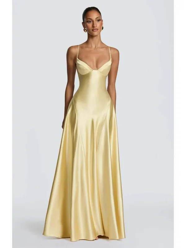 Elegant Women's Backless Yellow Satin Dresses Cross-back Design Long Slim Fit A-line Summer Dress 2026 New Vacation Travel Gowns — image 10
