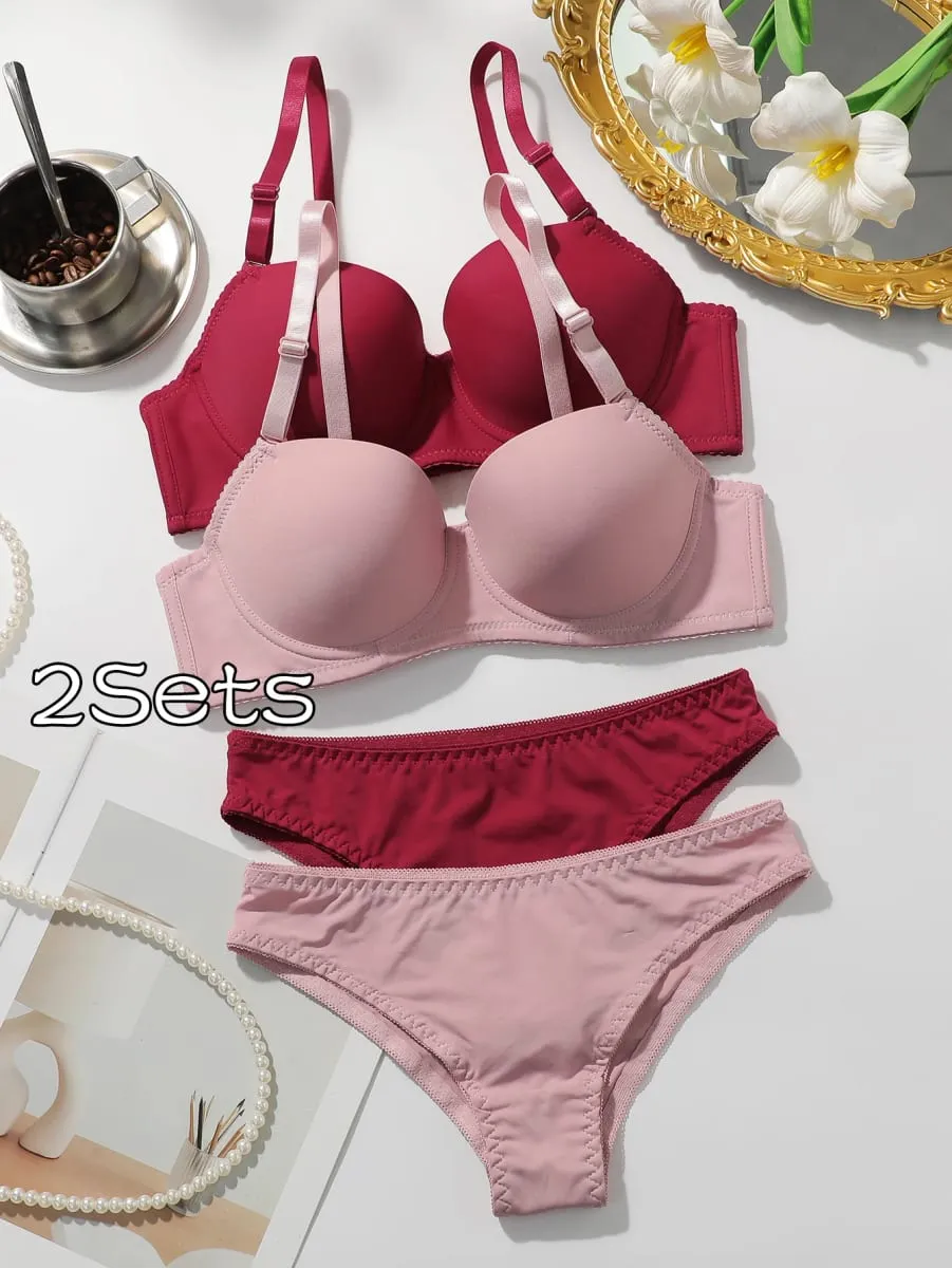 2 Packs Women's Underwire Padded Bra Sets Solid Push Up T-Shirt Bras with Matching Panties Sexy & Comfortable Everyday Lingerie — image 1