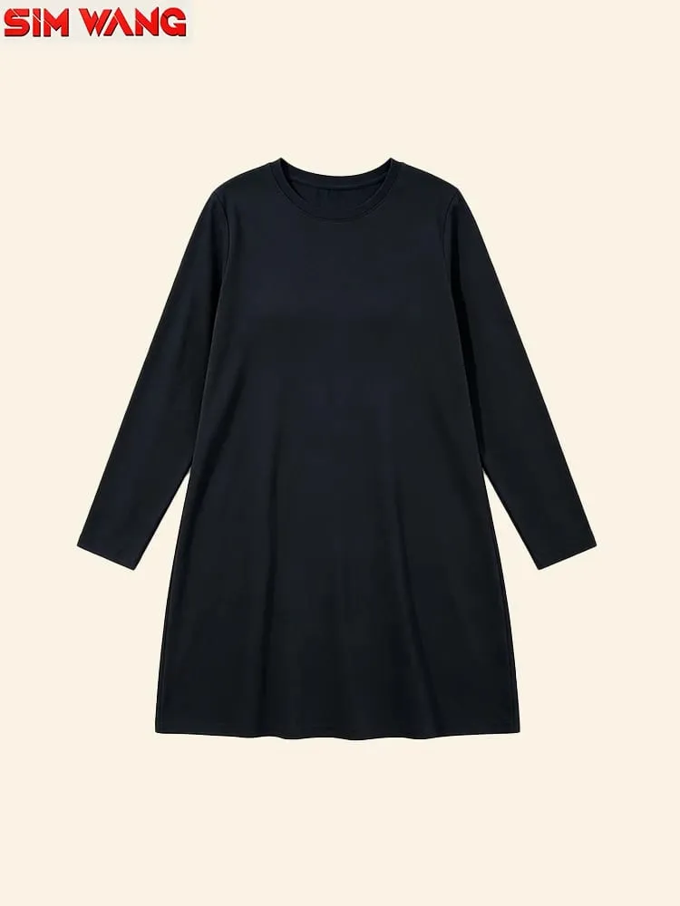 Long-Sleeved Dress for Women. Loose Round-Neck Long-Style Solid-Color Basic Home-Style Casual Dress. — image 5