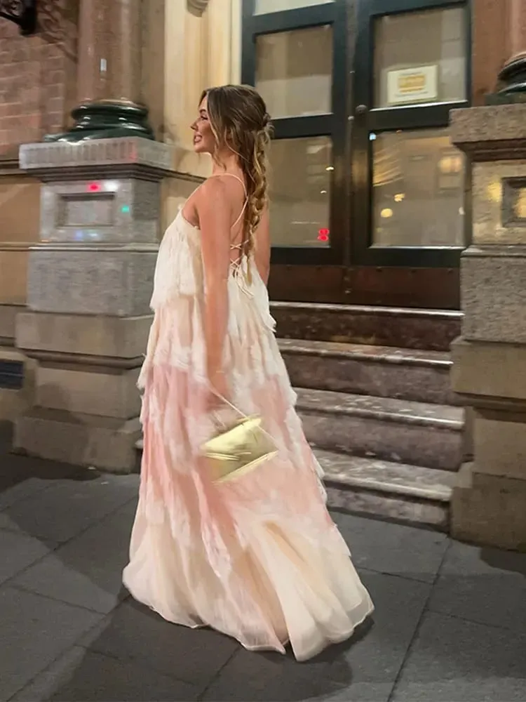 Chic Lace Patchwork Layered Sling Dress Women Sleeveless A-line Long Dresses Female Sweet Elegant Summer Party Lady Vestidos — image 3