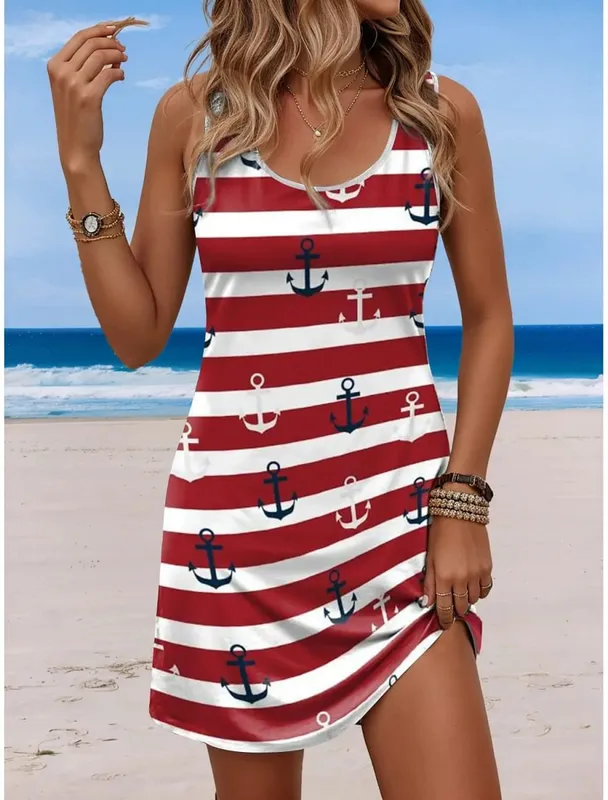 Women's Sleeveless Crew Neck Tank A-Line Mini Dress Print White Red Blue Loose Casual Summer Beach Vacation Daily Dress