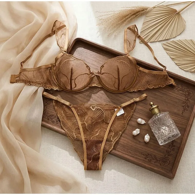 French Lace Bra and Panty Set Embroidered Mesh Sheer Lingerie with Spaghetti Straps Ripple Pattern for Spring Summer Women Wear — image 3
