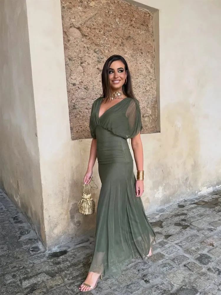 Women Solid Deep V-neck Mesh Long Dress Elegant Puff Short Sleeve Ruched Waist High Vestidos 2026 Summer Lady Casual Street Robe