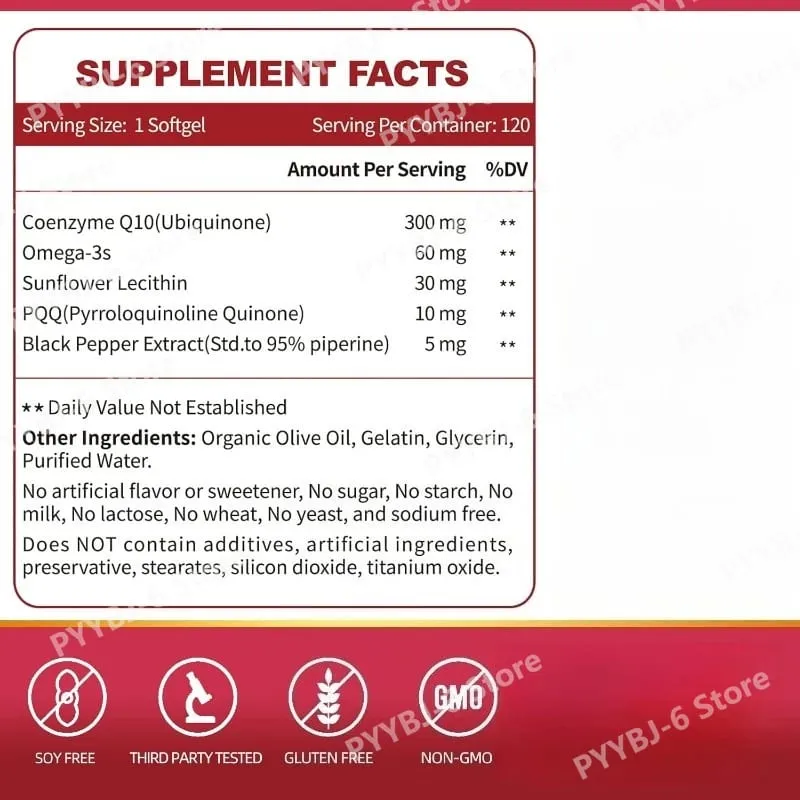 CoQ10 300mg Softgels with PQQ Omega-3 Coenzyme Q10 High Absorption Antioxidant Daily Energy Support Non-GMO 120 Count Adults — image 7
