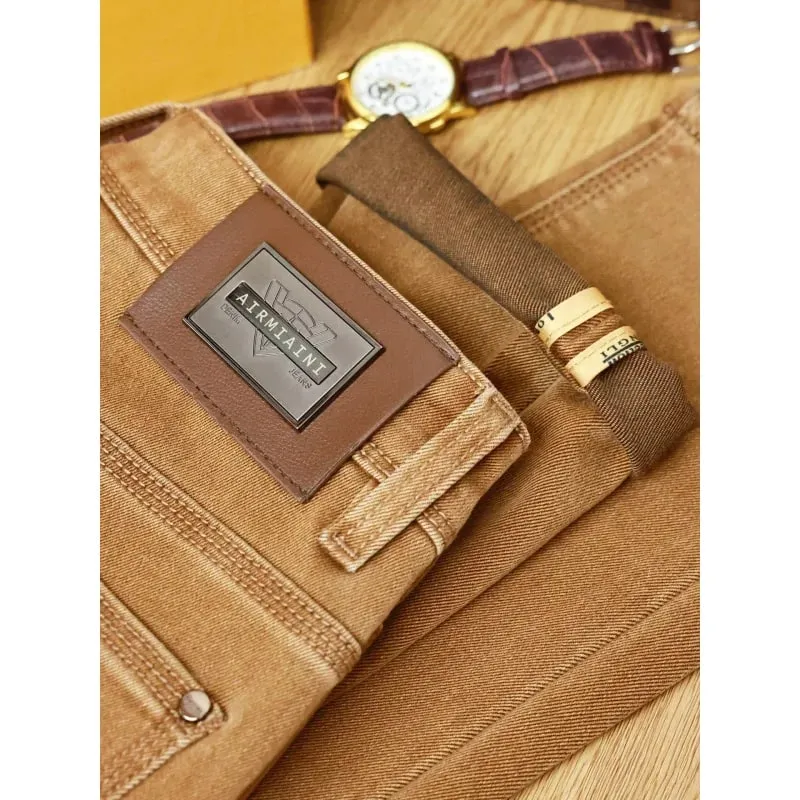Autumn fashion light luxury men's jeans khaki small feet elastic coffee casual pants — image 2