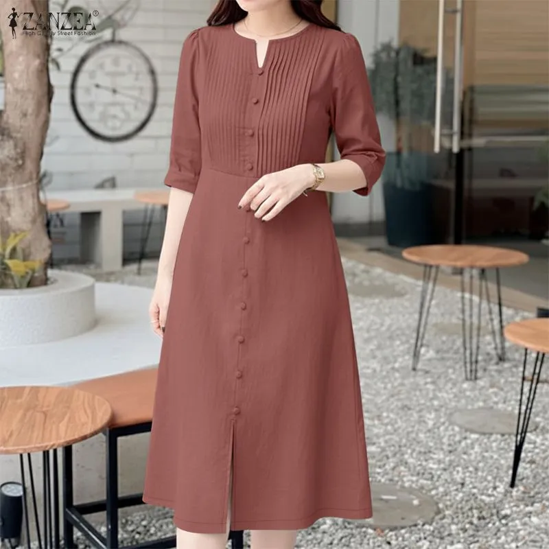2026 ZANZEA Stylish Split Hem Dress Women Summer Sundress V Neck Half Sleeve Holiday Midi Robe Casual Solid Color Work Dresses — image 2