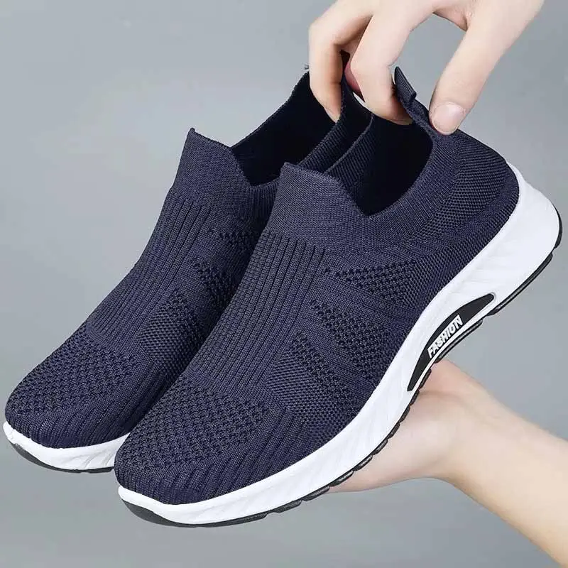 Men Breathable Knit Slip On Shoes Lightweight Cushioned Sole Round Toe Outdoor Elderly Walking Sneakers — image 1