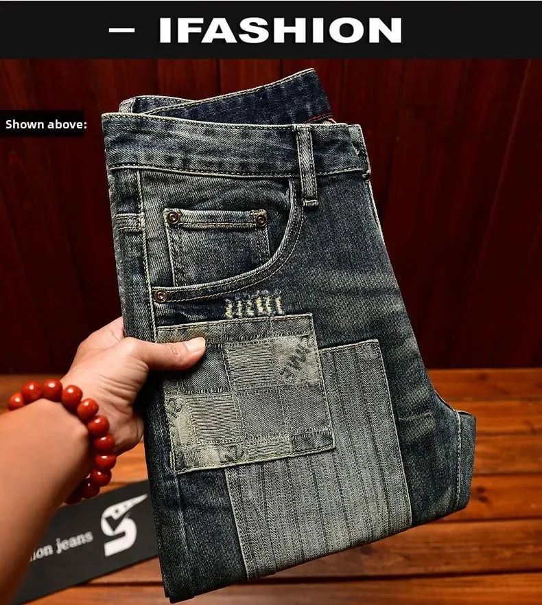 Retro and nostalgic patchwork design jeans for men trendy and fashionable street men's clothing slim fit small foot long pants — image 8