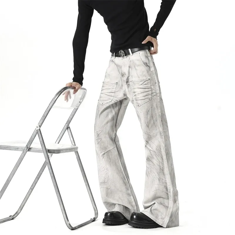 Men White‑Grey Washed Flare Jeans Embossed Pattern Rivet Decor Loose Floor‑Length Y2K Streetwear Denim Trousers 9X4397