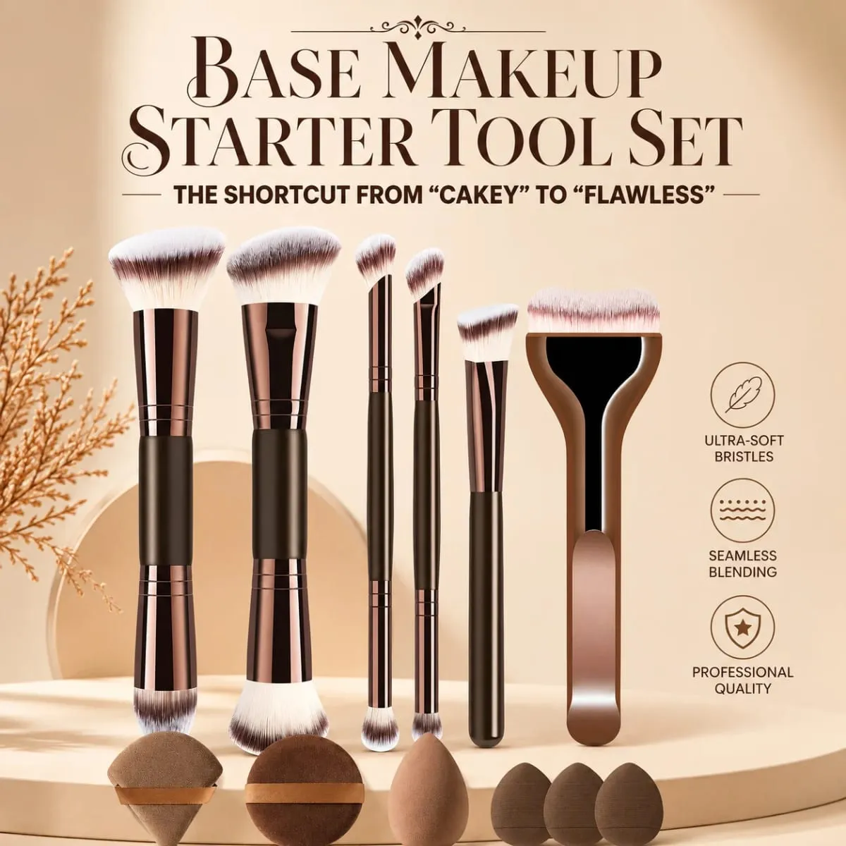 12dílná sada štětců na make-up se 6 plochými a kulatými štětci a 6 houbičkami na podkladovou pudrovou tvářenku a oční stíny