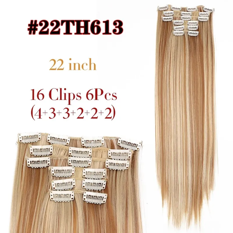 22 Inches Synthetic Long Straight Hairstyle 16 Clips 6Pcs/Set Hair Extensions Blonde Black Hairpieces Heat Resistant For Women