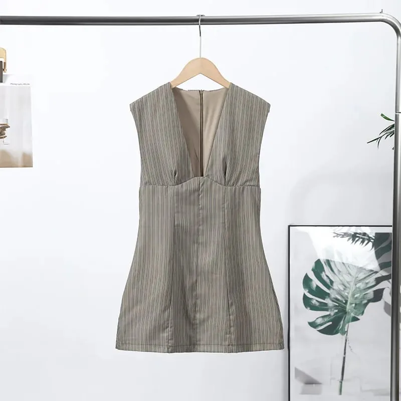 Casual Stripe Sleeveless Mini Dresses Women's Slim Waist-cinching V-neck Dress 2026 New Ladies Spring Summer Solid Outwear