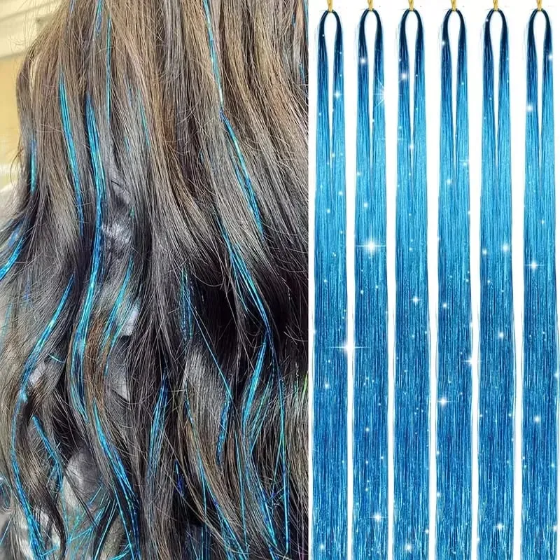 6pcs 22inch Colorful Glitter Tinsel Hair Extensions Fairy Hair Extension Hair Extension Tinsel Glitter Hair Synthetic Extensions — image 8