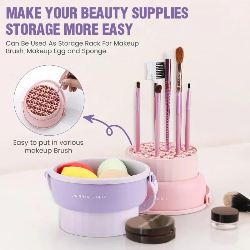 Makeup Brush Cleaner Mat 3 in 1 Silicone Washing Bowl with Brushes Scrubber Foldable Powder Puff Cosmetic Sponge Drying Tools — image 4