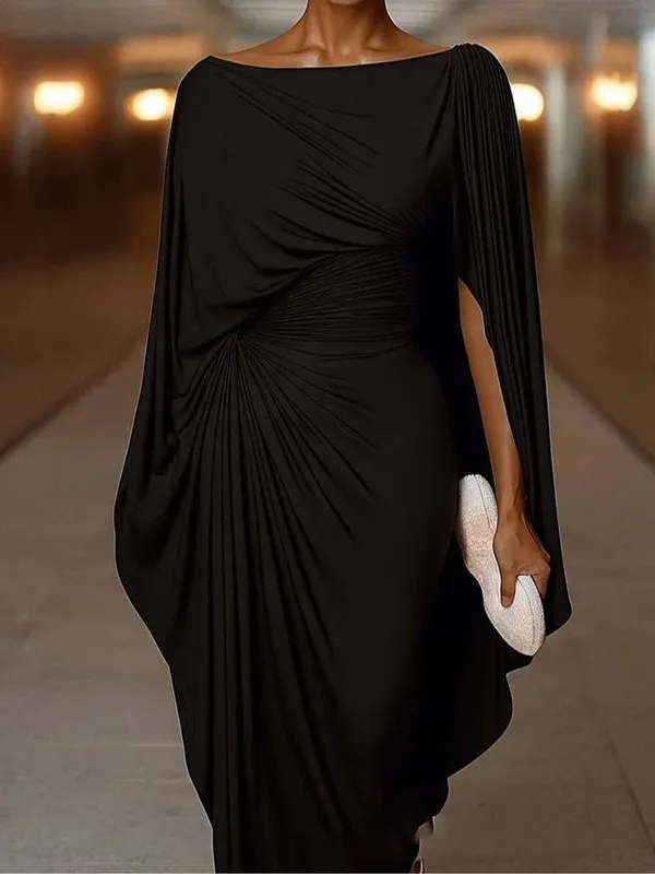 Elegant High Waist Solid Color Banquet Dress Lady Leisure Irregular Long Sleeve Dress Sexy Slash Collar Pleat Slim Evening Dress — image 5